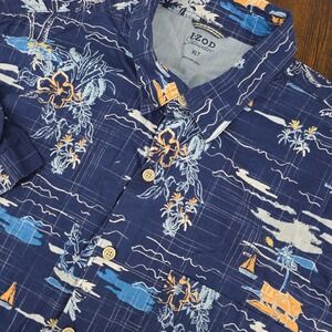 IZOD Saltwater Tropical Scenic Button Down Shirt Mens XLT Blue Short Sleeve